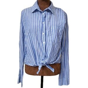 J.Crew Women's Blue Striped Tie Front Button Down Long Sleeve Shirt Size L Prep